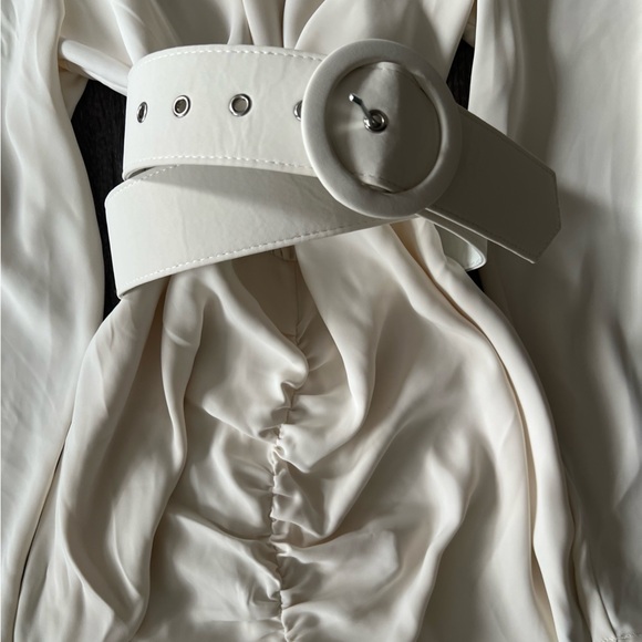 Fashion to Figure Cream Midi Cinched Dress with Ruching + Belt - Picture 6 of 15